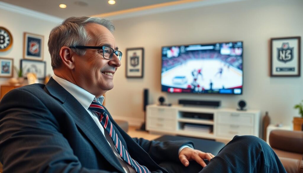 Generate an image of a sports fan watching a live hockey game on IPTV with a satisfied expression. Generate an image of a sports fan watching a live hockey game on IPTV with a satisfied expression.