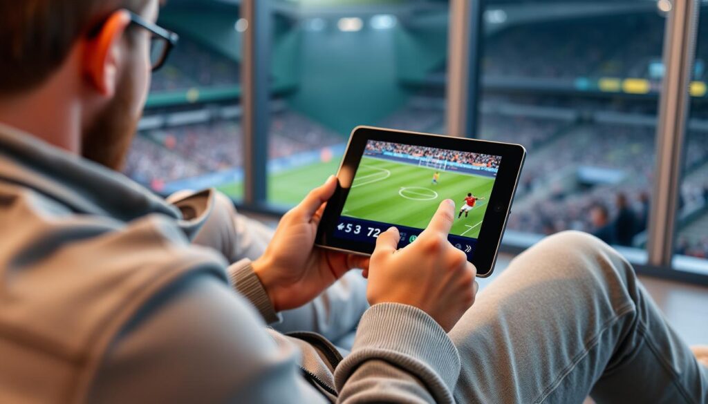Generate an image of a sports fan watching a live match on their tablet using OTTOcean IPTV service. Generate an image of a sports fan watching a live match on their tablet using OTTOcean IPTV service.