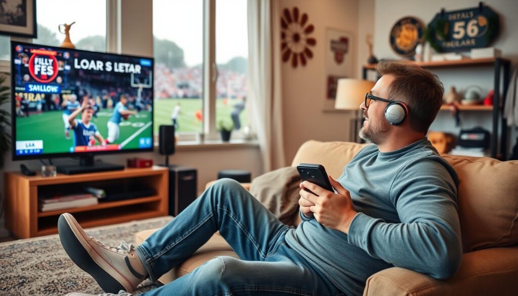 Generate an image of a sports fan watching a live sports event on IPTV Generate an image of a sports fan watching a live sports event on IPTV