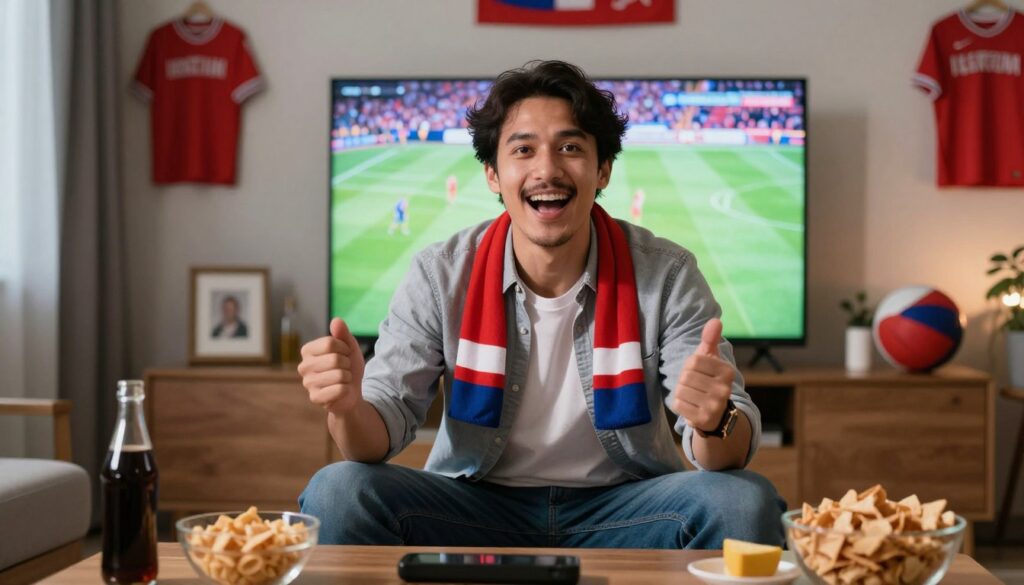 Generate an image of a sports fan watching live sports on their TV with a satisfied expression. Generate an image of a sports fan watching live sports on their TV with a satisfied expression.