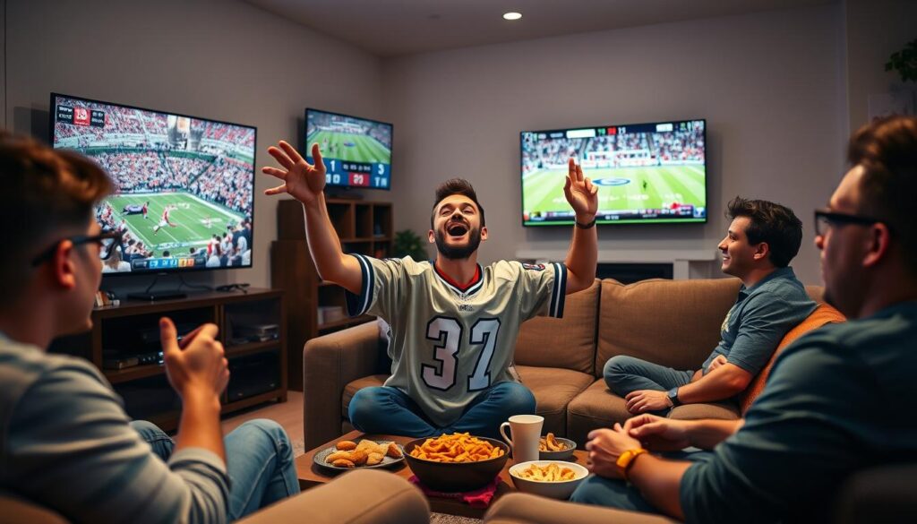 Generate an image of a sports fan watching multiple games on different screens Generate an image of a sports fan watching multiple games on different screens
