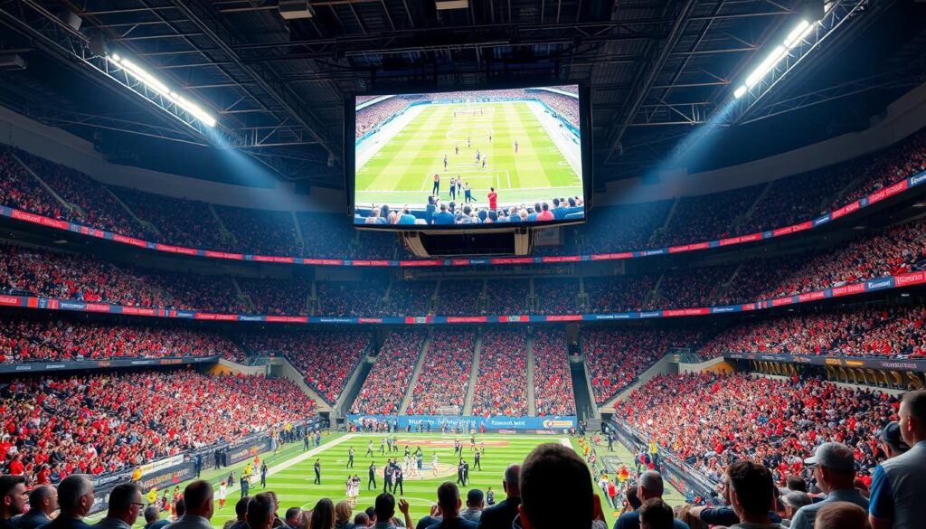 Generate an image of a sports stadium with a live sports event being streamed on a TV screen Generate an image of a sports stadium with a live sports event being streamed on a TV screen