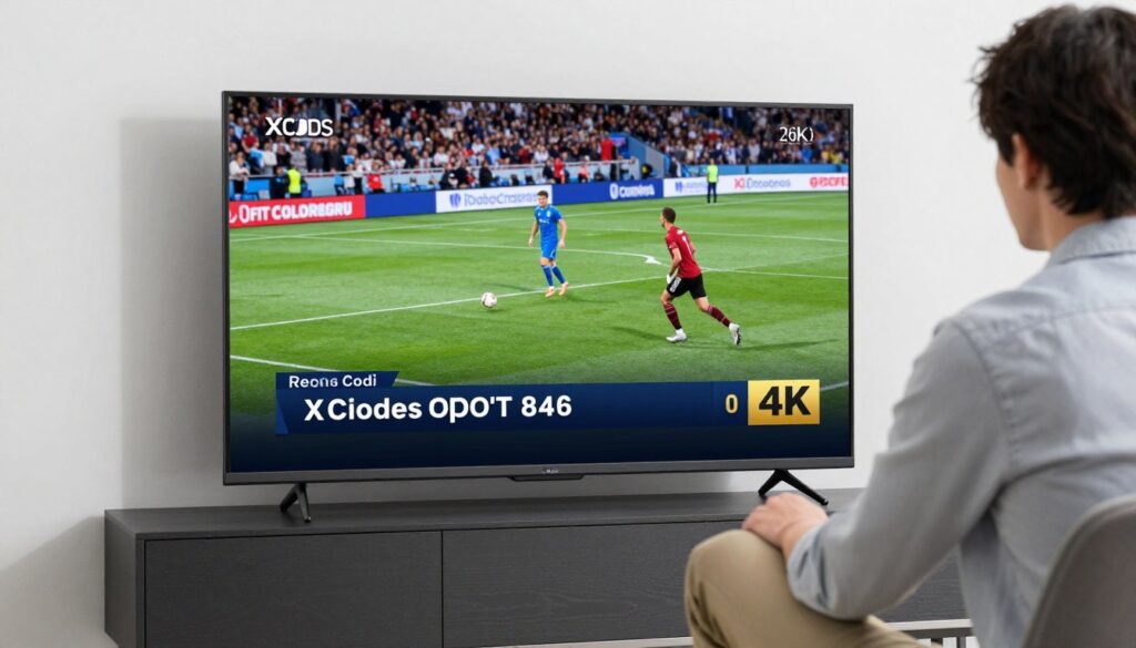 Generate an image of a user enjoying 4K sports content on XCodes TV Generate an image of a user enjoying 4K sports content on XCodes TV