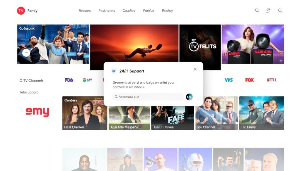 Generate an image of a user-friendly interface showing various TV channels and on-demand content, with a 24/7 support chat window open. Generate an image of a user-friendly interface showing various TV channels and on-demand content, with a 24/7 support chat window open.