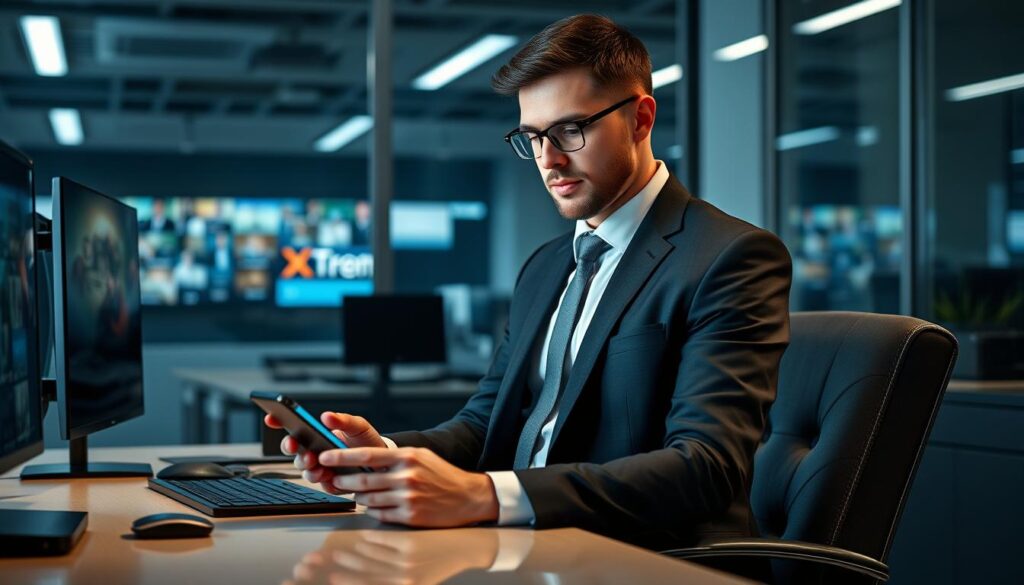 Generate an image of a user logging into the Xtreme HD IPTV app on their device. Generate an image of a user logging into the Xtreme HD IPTV app on their device.