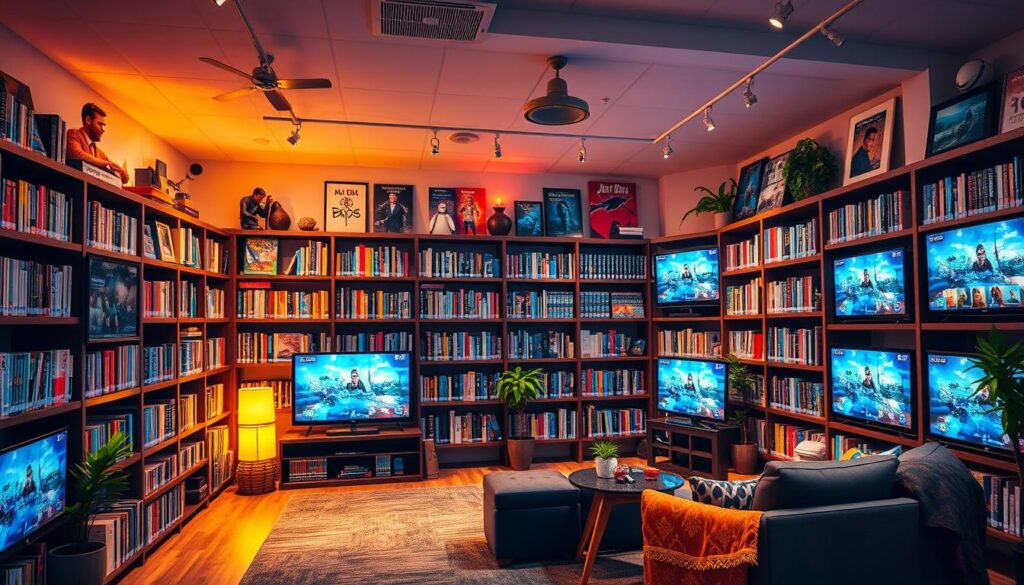 Generate an image of a vast media library with various TV channels and movies. Generate an image of a vast media library with various TV channels and movies.