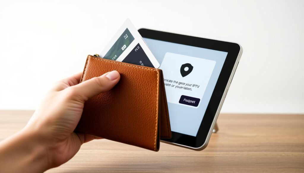 Generate an image of a wallet with a budget-friendly IPTV subscription being activated on a device Generate an image of a wallet with a budget-friendly IPTV subscription being activated on a device