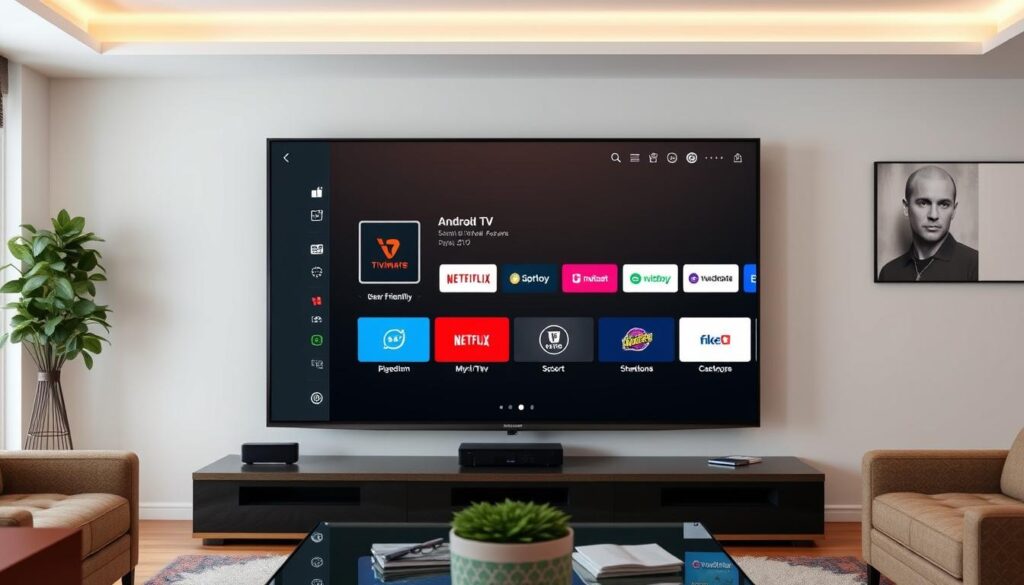 Generate an image of an Android TV screen showing the TiviMate IPTV app installation page. Generate an image of an Android TV screen showing the TiviMate IPTV app installation page.