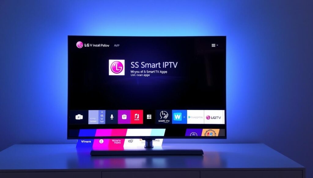 Generate an image of an LG Smart TV screen showing the SS IPTV app installation page. Generate an image of an LG Smart TV screen showing the SS IPTV app installation page.