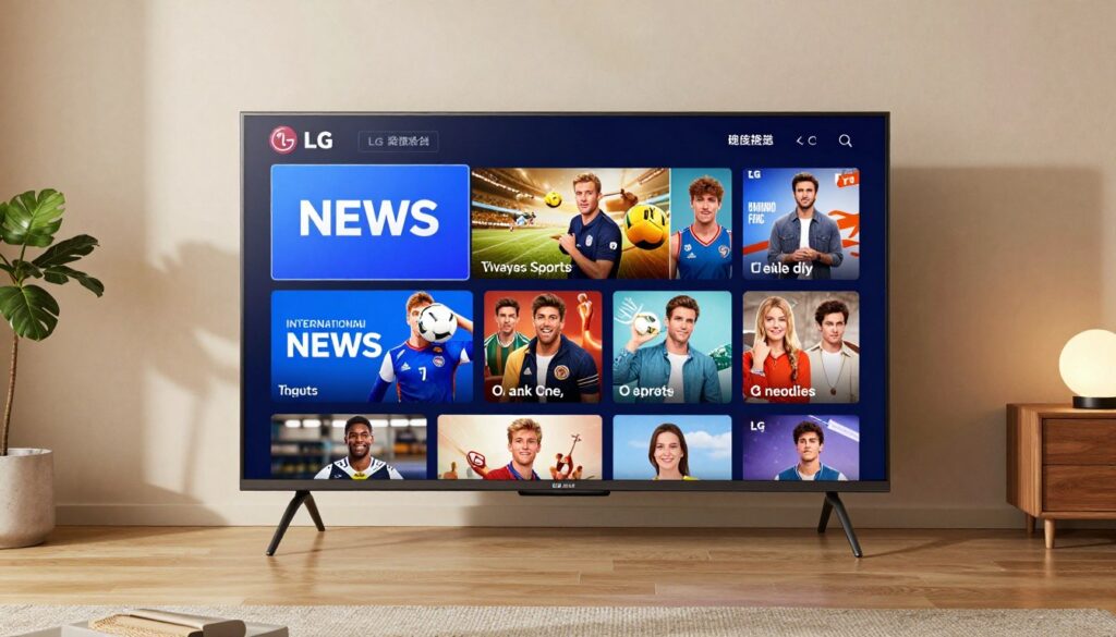 Generate an image of an LG TV screen displaying various international channels Generate an image of an LG TV screen displaying various international channels