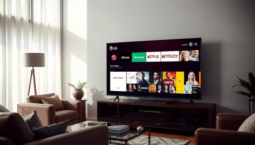 Generate an image of an LG smart TV displaying LG Channels Generate an image of an LG smart TV displaying LG Channels