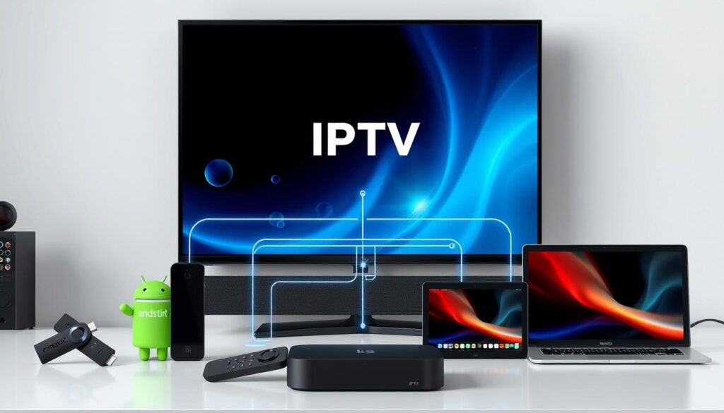 Generate an image of multiple devices (Firestick, Android TV, Smart TV, iOS, PC) connected to a central IPTV hub, symbolizing compatibility. Generate an image of multiple devices (Firestick, Android TV, Smart TV, iOS, PC) connected to a central IPTV hub, symbolizing compatibility.