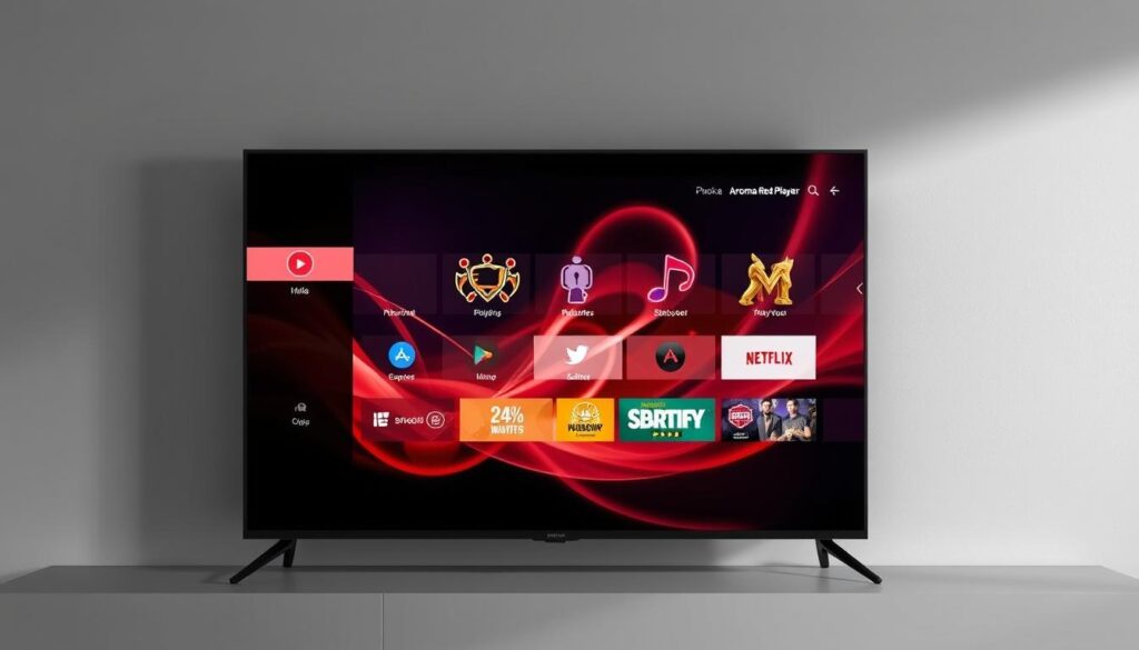 Generate an image of the Aroma Red Player interface on a smart TV screen Generate an image of the Aroma Red Player interface on a smart TV screen