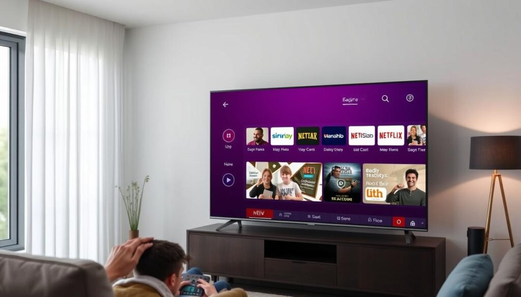 Generate an image of the EagleCast TV app interface on a Smart TV. Generate an image of the EagleCast TV app interface on a Smart TV.