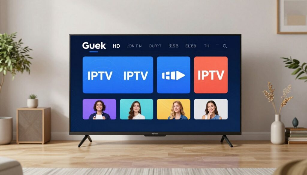 Generate an image of the Guek HD IPTV interface on a smart TV. Generate an image of the Guek HD IPTV interface on a smart TV.