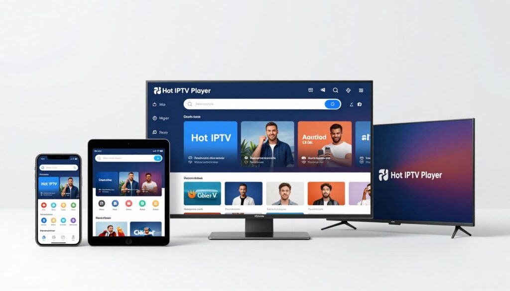 Generate an image of the Hot IPTV Player app interface on various devices. Generate an image of the Hot IPTV Player app interface on various devices.