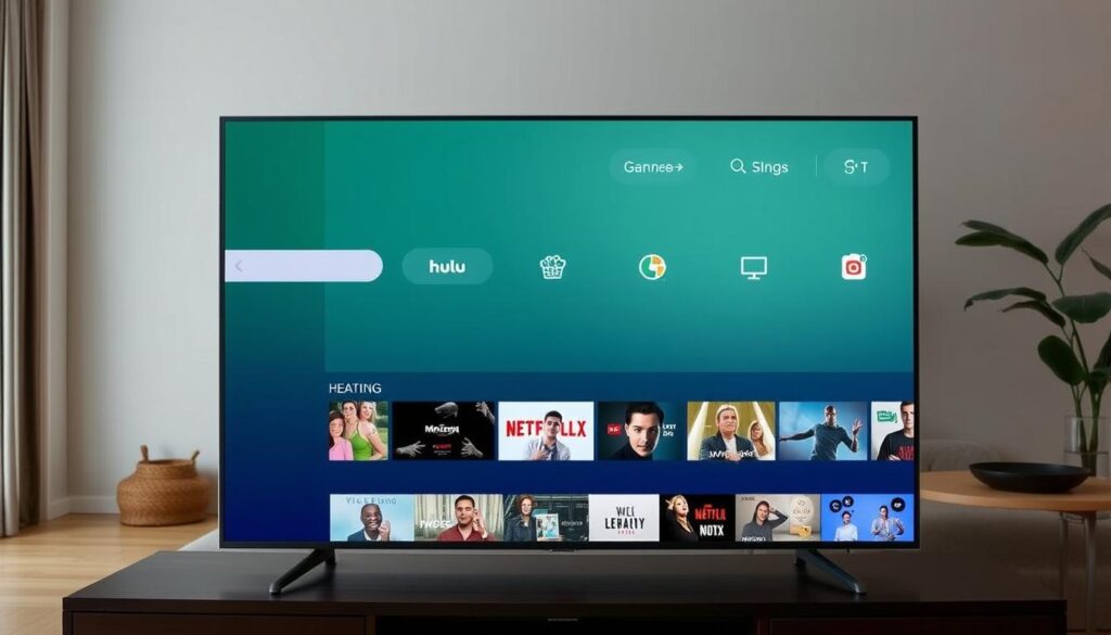 Generate an image of the Hulu + Live TV interface on a smart TV. Generate an image of the Hulu + Live TV interface on a smart TV.