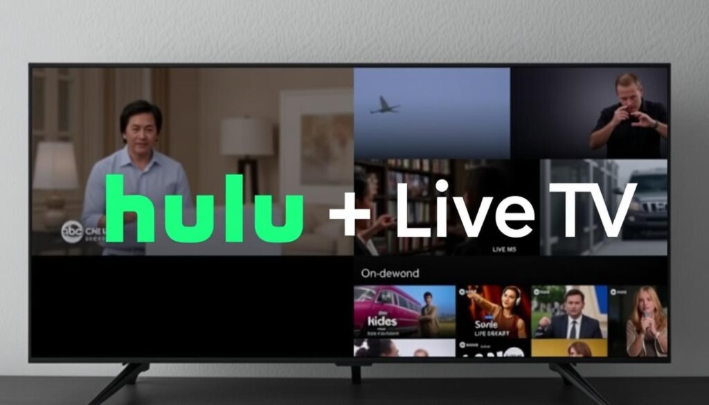 Generate an image of the Hulu + Live TV logo with a split-screen display showing live TV and on-demand content. Generate an image of the Hulu + Live TV logo with a split-screen display showing live TV and on-demand content.