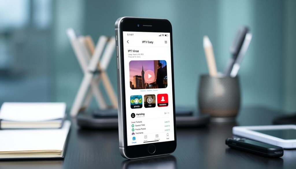 Generate an image of the IPTV EASY iOS Application on an iPhone, showcasing its user-friendly interface. Generate an image of the IPTV EASY iOS Application on an iPhone, showcasing its user-friendly interface.