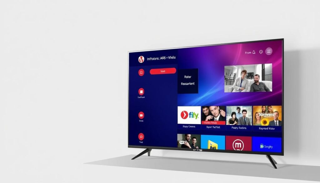 Generate an image of the IPTV Smarters Pro app interface on a Smart TV. Generate an image of the IPTV Smarters Pro app interface on a Smart TV.
