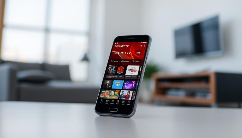 Generate an image of the Live Net TV app on a mobile device. Generate an image of the Live Net TV app on a mobile device.