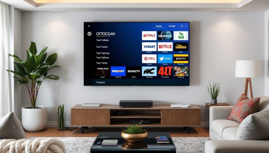 Generate an image of the OTTOcean channel lineup on a TV. Generate an image of the OTTOcean channel lineup on a TV.