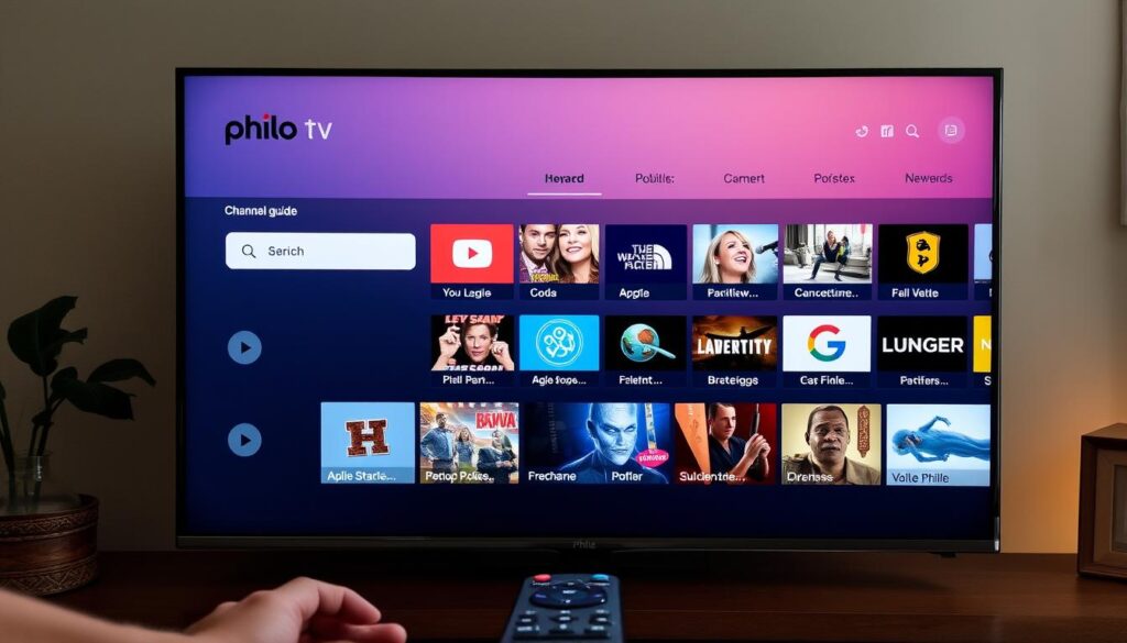 Generate an image of the Philo TV app interface on a smart TV, showcasing its user-friendly channel guide. Generate an image of the Philo TV app interface on a smart TV, showcasing its user-friendly channel guide.