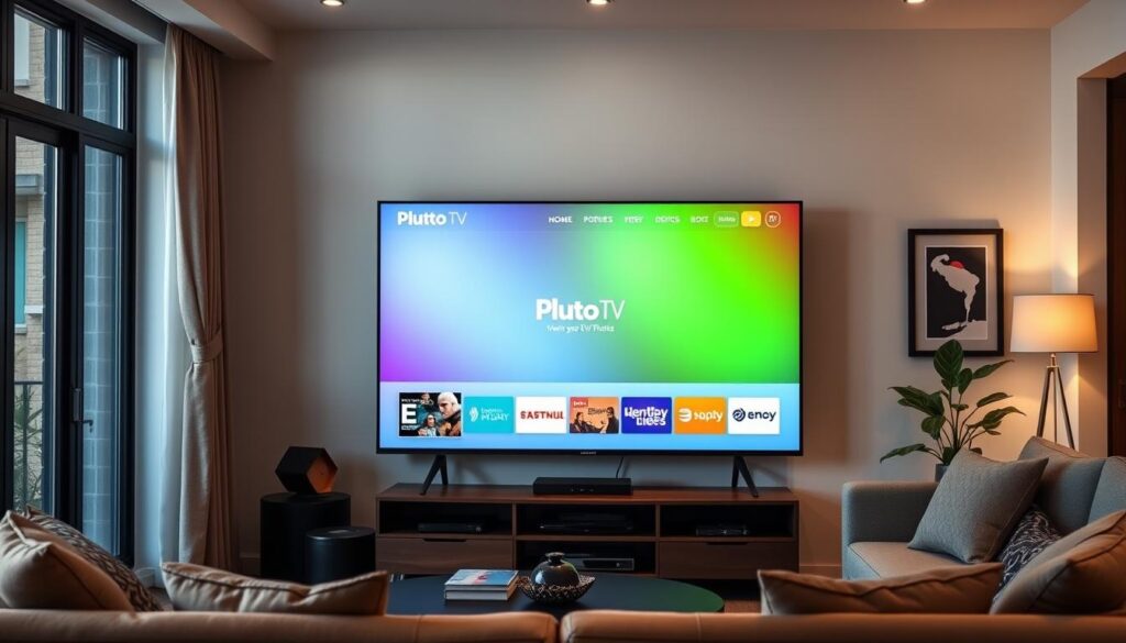 Generate an image of the Pluto TV homepage on a TV screen. Generate an image of the Pluto TV homepage on a TV screen.