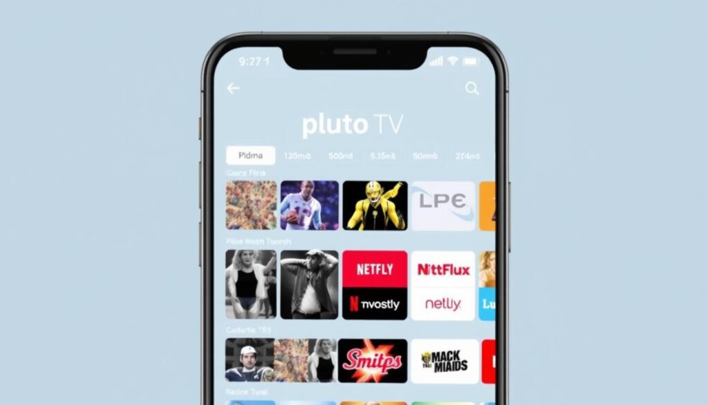 Generate an image of the Pluto TV interface on a mobile device, highlighting its diverse channel offerings. Generate an image of the Pluto TV interface on a mobile device, highlighting its diverse channel offerings.