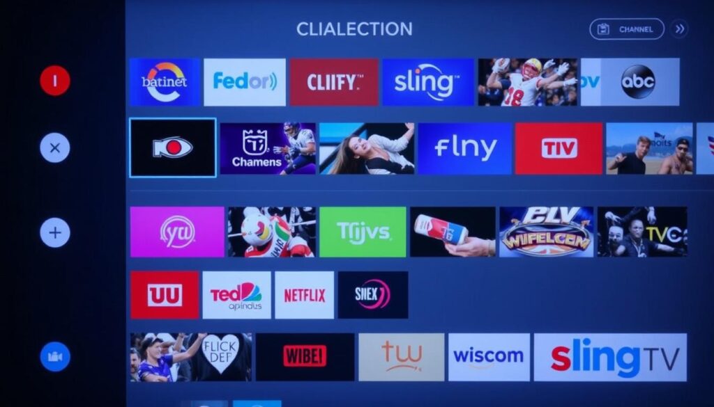 Generate an image of the Sling TV channel selection menu. Generate an image of the Sling TV channel selection menu.