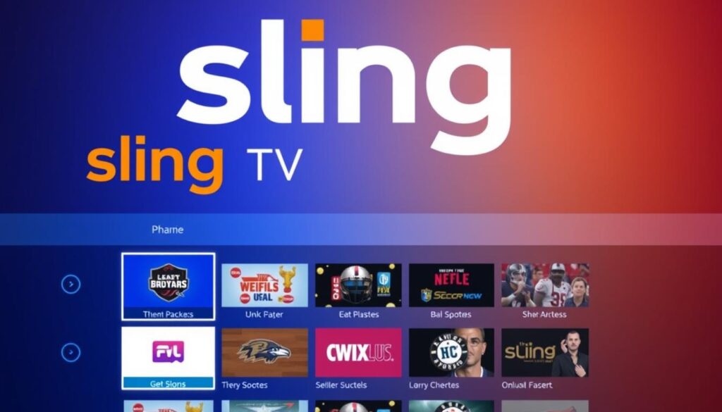 Generate an image of the Sling TV logo with a menu display showing various channel packages. Generate an image of the Sling TV logo with a menu display showing various channel packages.