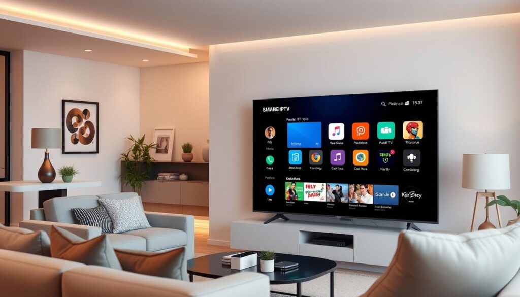 Generate an image of the Smart IPTV App on a Samsung Smart TV. Generate an image of the Smart IPTV App on a Samsung Smart TV.