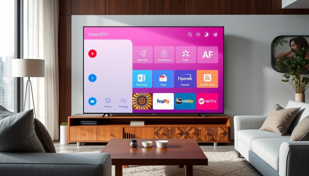 Generate an image of the Smart IPTV interface on a Samsung Smart TV Generate an image of the Smart IPTV interface on a Samsung Smart TV