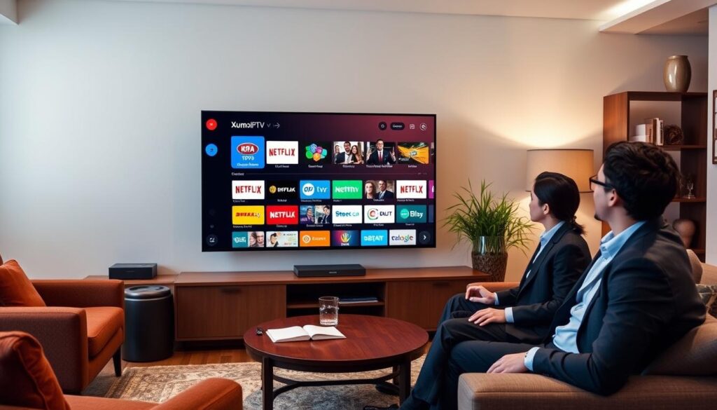 Generate an image of the Xumo IPTV service interface on a smart TV, showcasing its channel lineup. Generate an image of the Xumo IPTV service interface on a smart TV, showcasing its channel lineup.