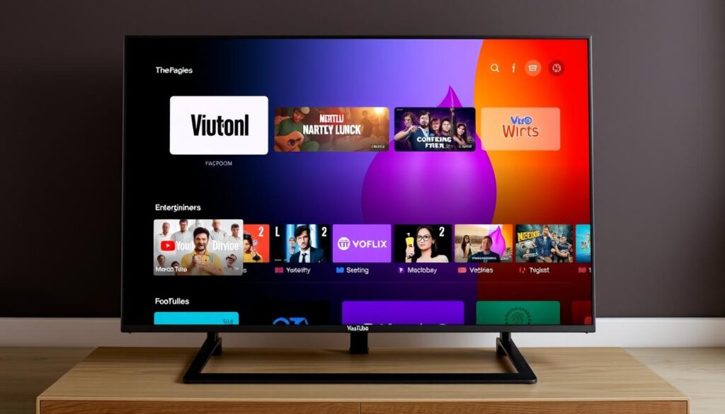 Generate an image of the YouTube TV interface on a 4K TV. Generate an image of the YouTube TV interface on a 4K TV.