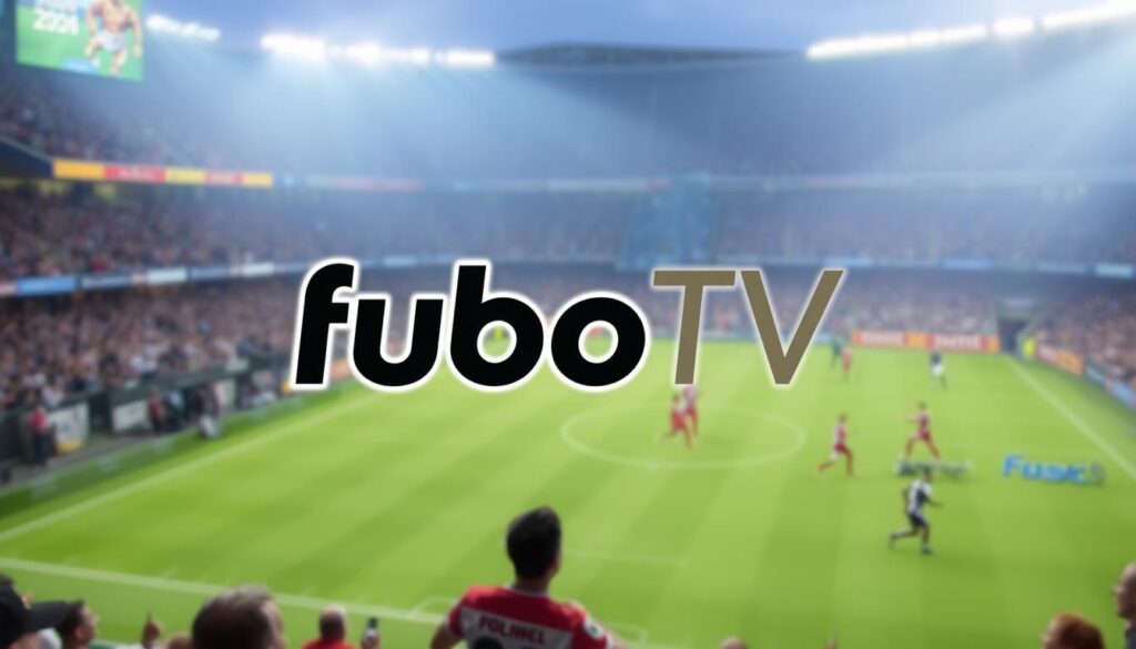 Generate an image of the fuboTV logo with a sports event display in the background. Generate an image of the fuboTV logo with a sports event display in the background.