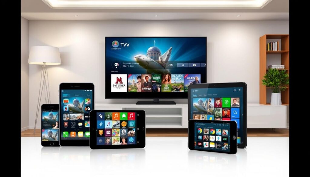 Generate an image of various IPTV apps on different devices Generate an image of various IPTV apps on different devices