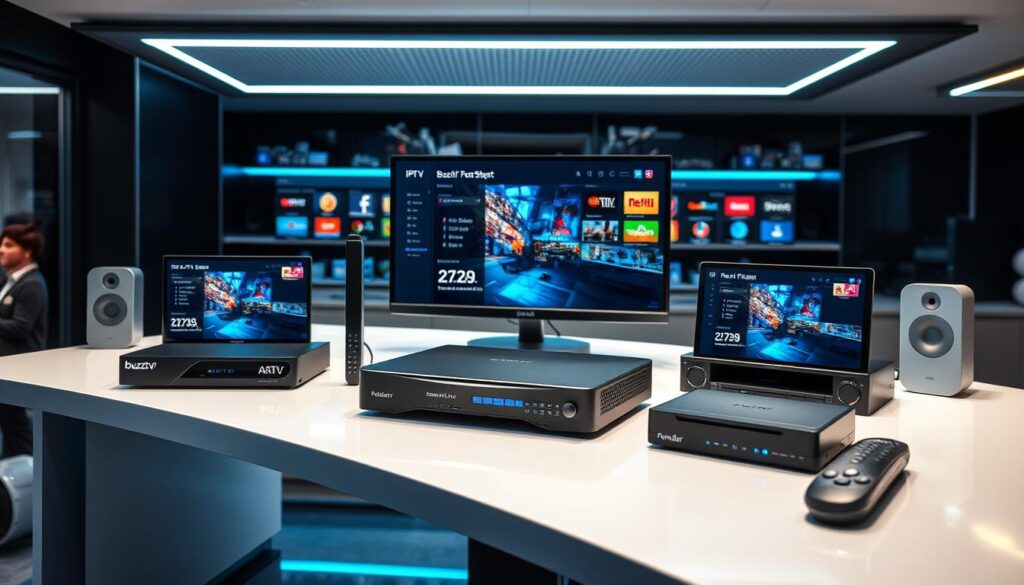 Generate an image of various IPTV devices such as BuzzTV, Dreamlink, and Formuler. Generate an image of various IPTV devices such as BuzzTV, Dreamlink, and Formuler.
