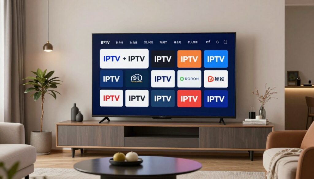 Generate an image of various IPTV service logos on a TV screen Generate an image of various IPTV service logos on a TV screen