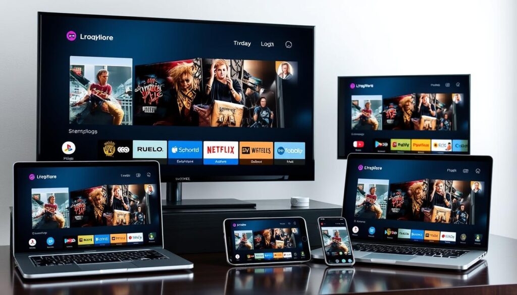 Generate an image of various devices (TVs, laptops, tablets, smartphones) connected to a streaming service Generate an image of various devices (TVs, laptops, tablets, smartphones) connected to a streaming service