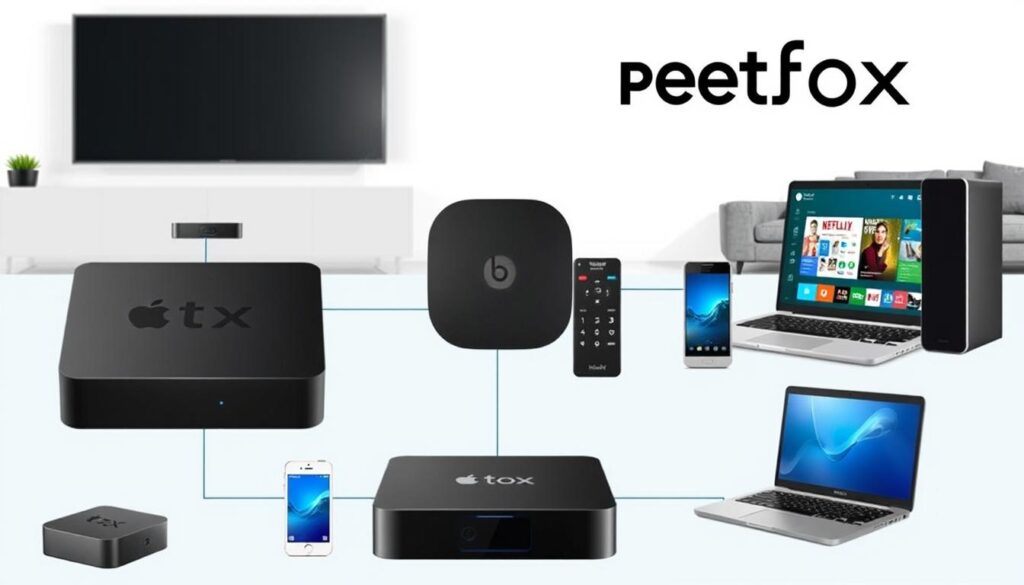 Generate an image of various devices like Smart TVs, Android boxes, smartphones, and laptops connected to a streaming service. Generate an image of various devices like Smart TVs, Android boxes, smartphones, and laptops connected to a streaming service.