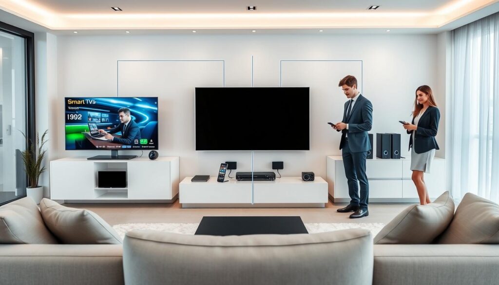 Generate an image of various devices like Smart TVs, smartphones, and computers connected to a central IPTV hub. Generate an image of various devices like Smart TVs, smartphones, and computers connected to a central IPTV hub.