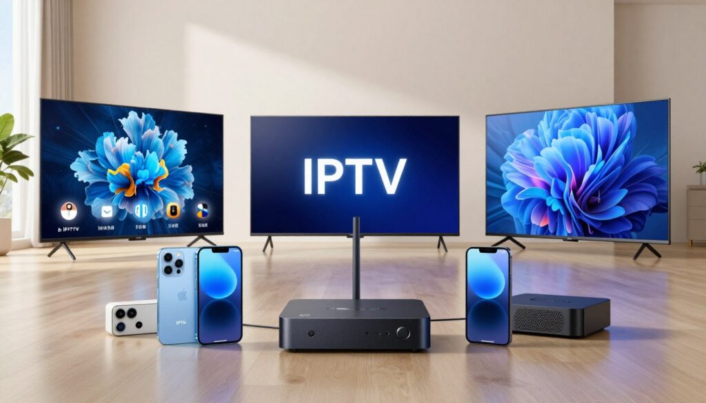 Generate an image of various devices like smart TVs, smartphones, and streaming boxes connected to a central IPTV service Generate an image of various devices like smart TVs, smartphones, and streaming boxes connected to a central IPTV service