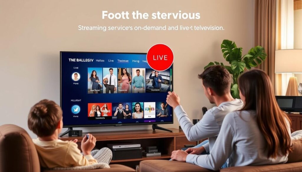 Generate an image representing Hulu + Live TV's combination of on-demand and live content. Generate an image representing Hulu + Live TV's combination of on-demand and live content.