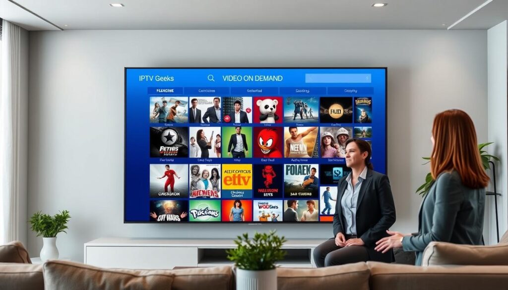 Generate an image representing IPTV Geeks' vast VOD library on a user's screen. Generate an image representing IPTV Geeks' vast VOD library on a user's screen.