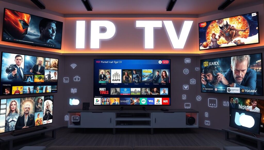Generate an image representing IPTV technology and its various content offerings. Generate an image representing IPTV technology and its various content offerings.