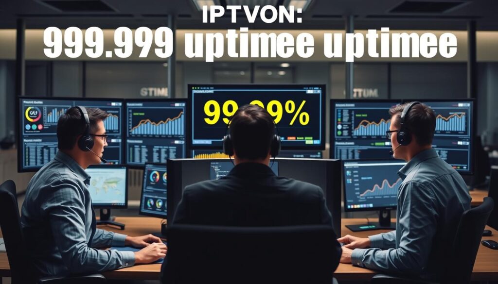 Generate an image representing IPTVON's 99.99% uptime guarantee with a support team monitoring the service Generate an image representing IPTVON's 99.99% uptime guarantee with a support team monitoring the service