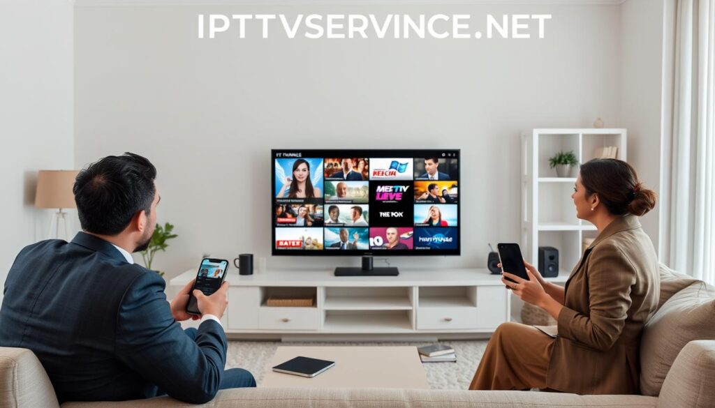 Generate an image representing IPTVSERVICE.NET's IPTV service, showcasing a diverse channel lineup on multiple devices. Generate an image representing IPTVSERVICE.NET's IPTV service, showcasing a diverse channel lineup on multiple devices.