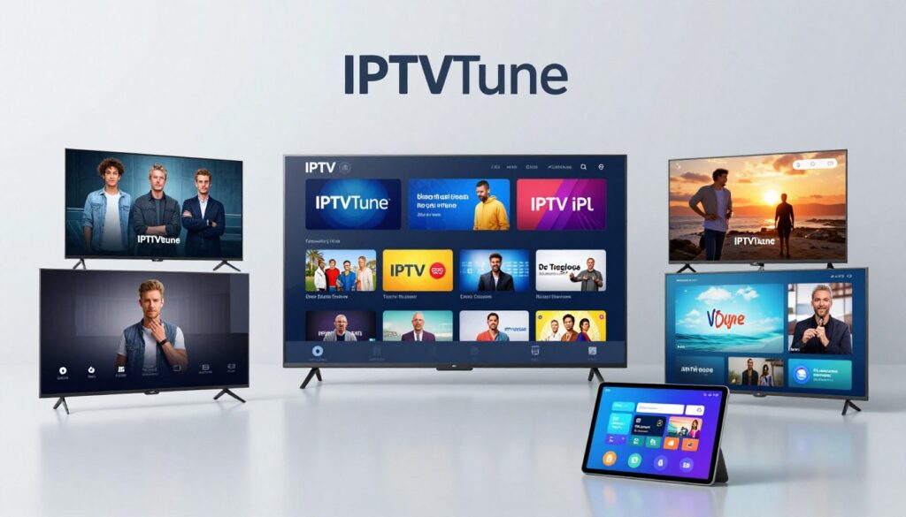 Generate an image representing IPTVtune's IPTV service, showcasing a variety of channels and on-demand content. Generate an image representing IPTVtune's IPTV service, showcasing a variety of channels and on-demand content.