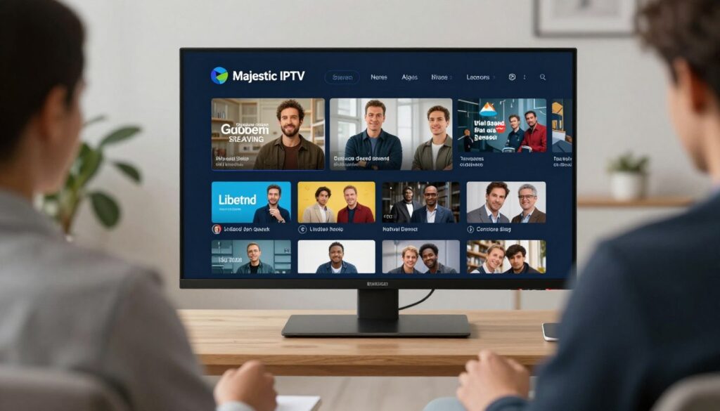 Generate an image representing Majestic IPTV's service, highlighting its high-speed streaming and extensive VOD library. Generate an image representing Majestic IPTV's service, highlighting its high-speed streaming and extensive VOD library.